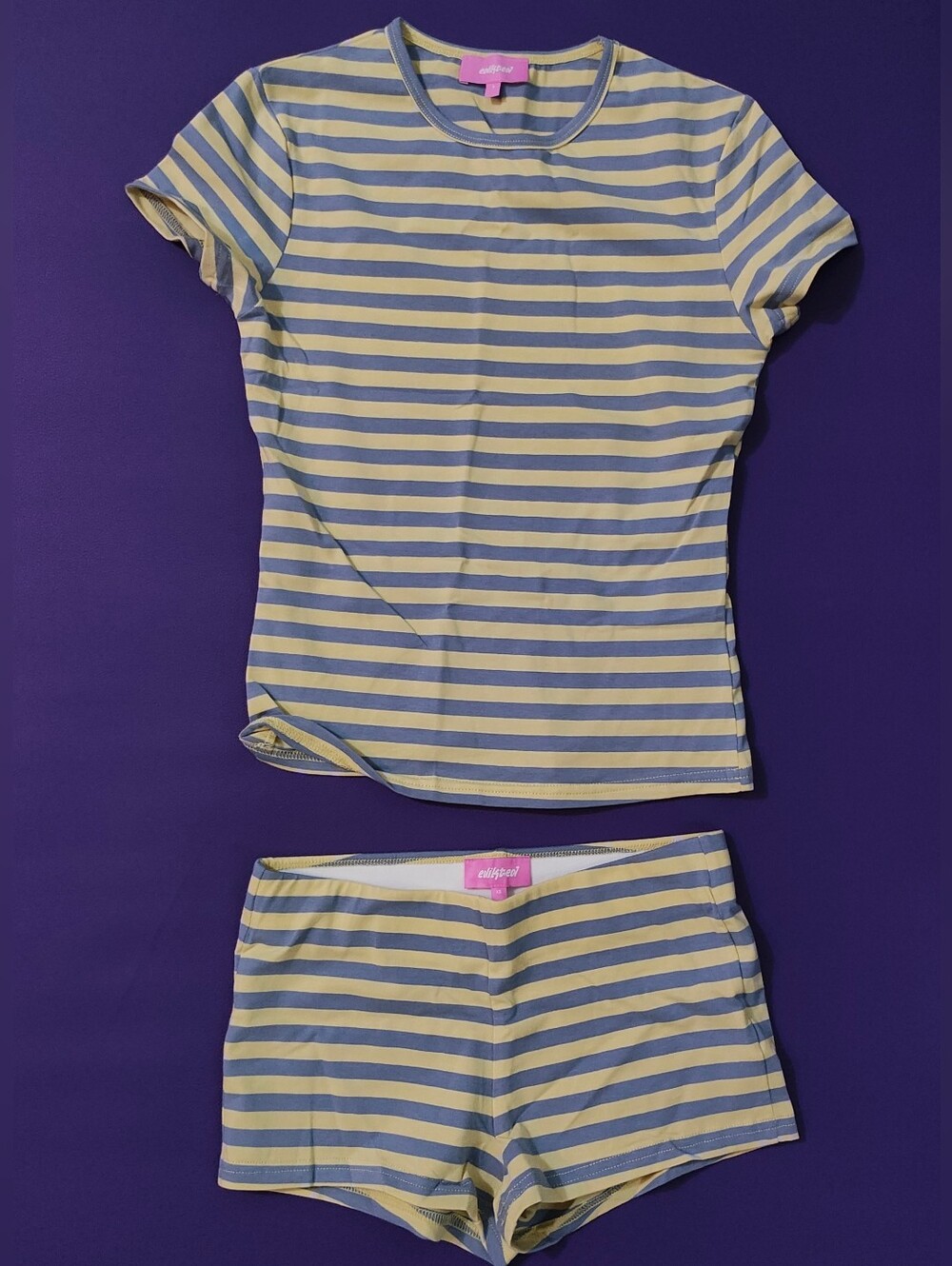 Edikted Striped Short Sleeve Top & Shorts Set - Yellow & Blue